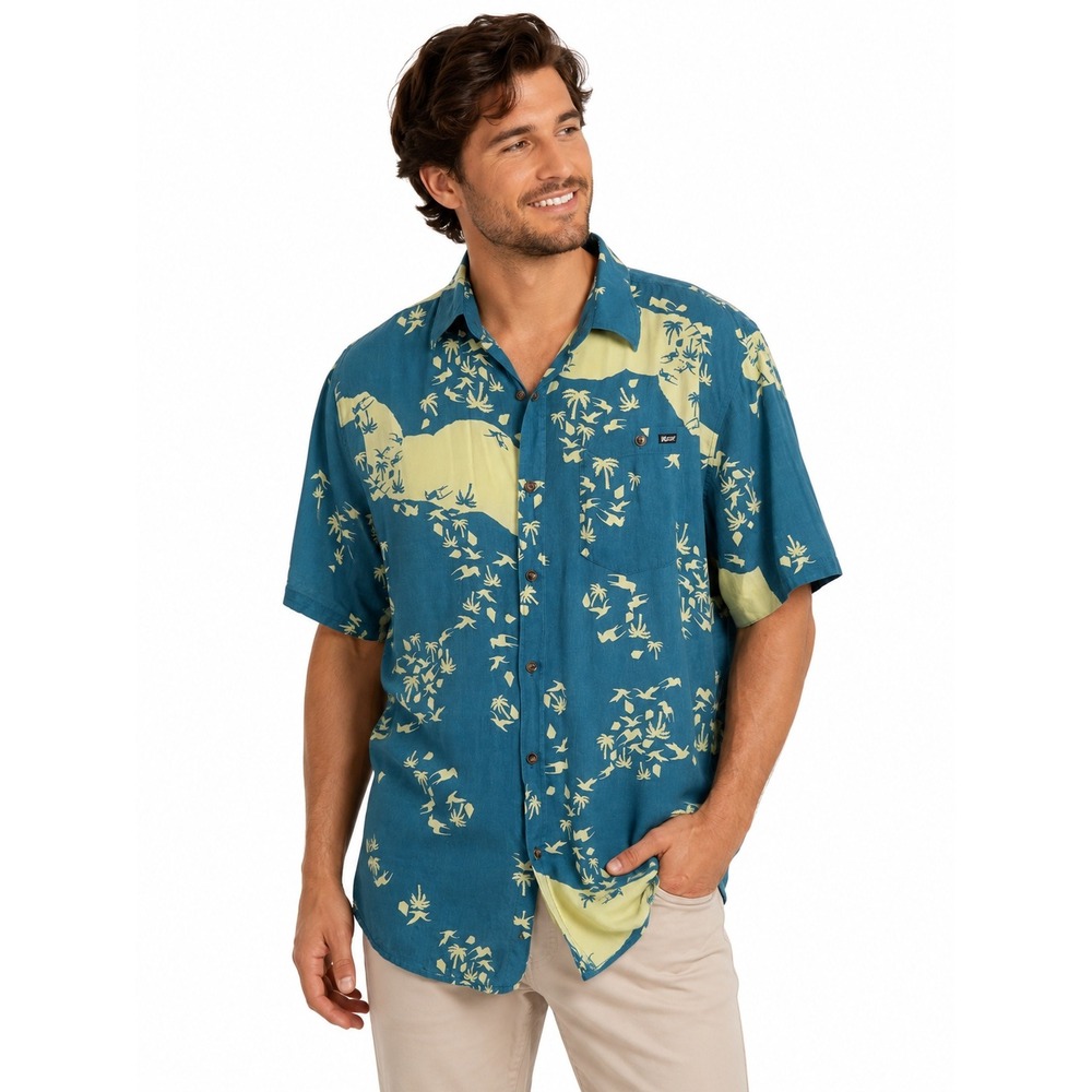 Volcom Stonepede Hawaii Map Shirt Blue Yellow Tropical Button Up Shirt | Large